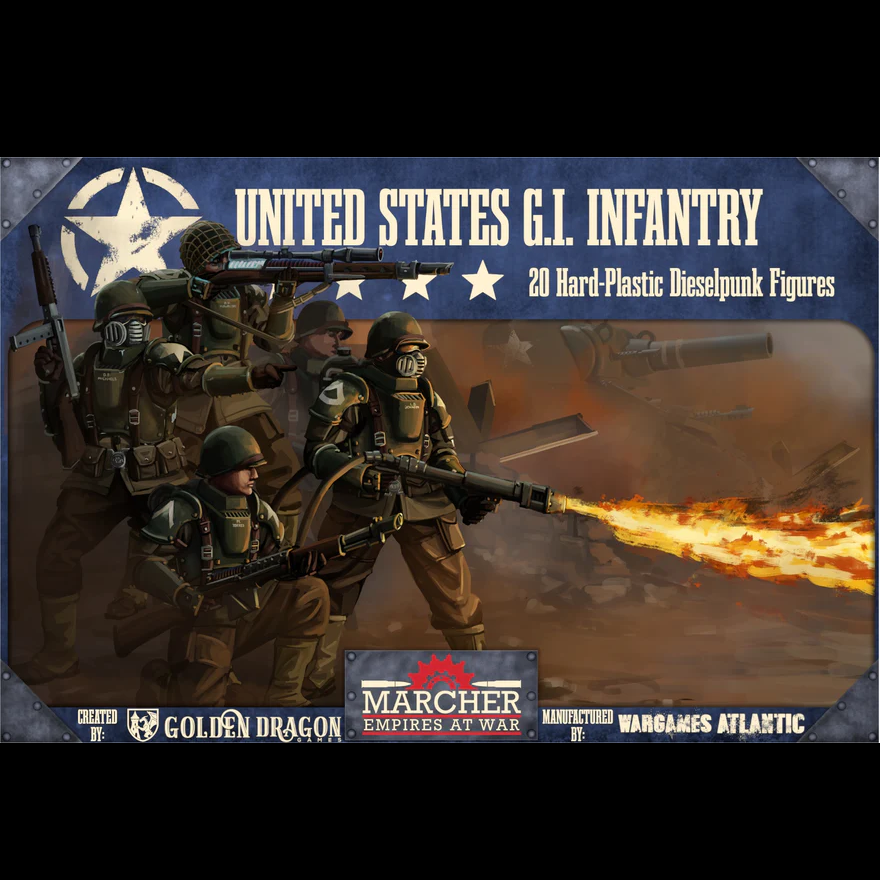 box art for United States G.I. Infantry figures with a fiery background, featuring Marcher Empires at War branding. Marcher United States Infantry 20 hard plastic miniatures with energy rifles heavy weapon options and 25mm bases for tabletop wargaming