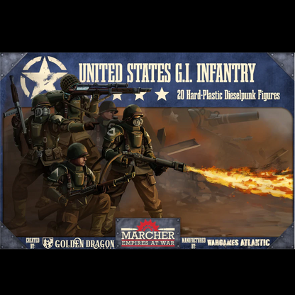 box art for United States G.I. Infantry figures with a fiery background, featuring Marcher Empires at War branding. Marcher United States Infantry 20 hard plastic miniatures with energy rifles heavy weapon options and 25mm bases for tabletop wargaming