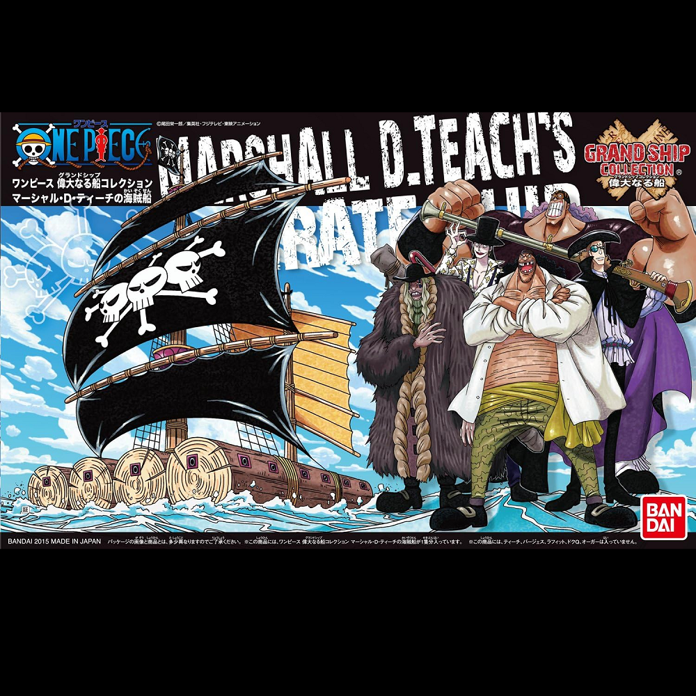 Model kit of Marshall D. Teach’s Pirate Ship from Bandai’s Grand Ship Collection. Features stickers and instructions. A great collectible for fans of One Piece.