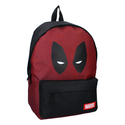 Red and black backpack with Marvel logo on a white background