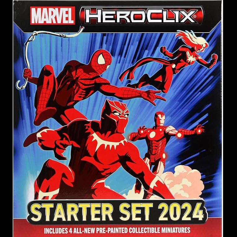 Marvel HeroClix Starter Set 2024 packaging with superhero characters on a blue background. Marvel HeroClix Starter Set 2024 WizKids Miniatures Game