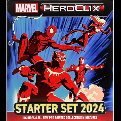 Marvel HeroClix Starter Set 2024 packaging with superhero characters on a blue background. Marvel HeroClix Starter Set 2024 WizKids Miniatures Game