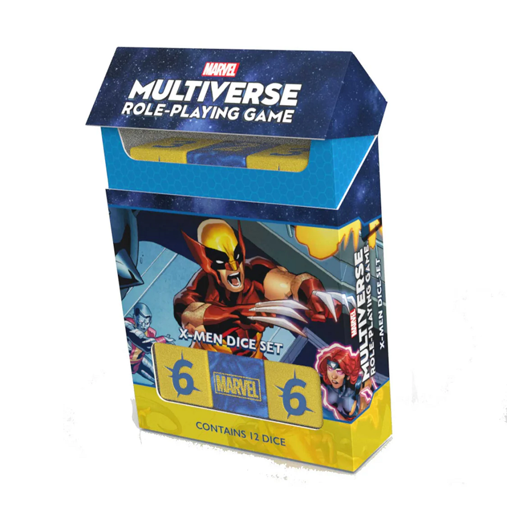 Custom dice set for the Marvel Multiverse RPG, featuring 12 dice in X-Men colours, including 8 standard dice and 4 themed Marvel dice.