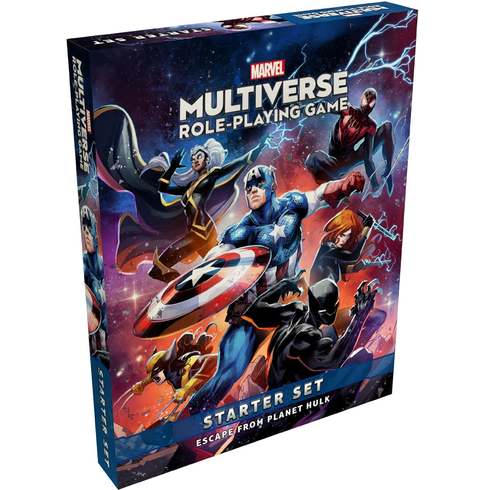 Marvel Multiverse RPG starter set featuring maps, tokens, custom dice, and adventure booklet, designed for easy play and superhero roleplaying excitement.