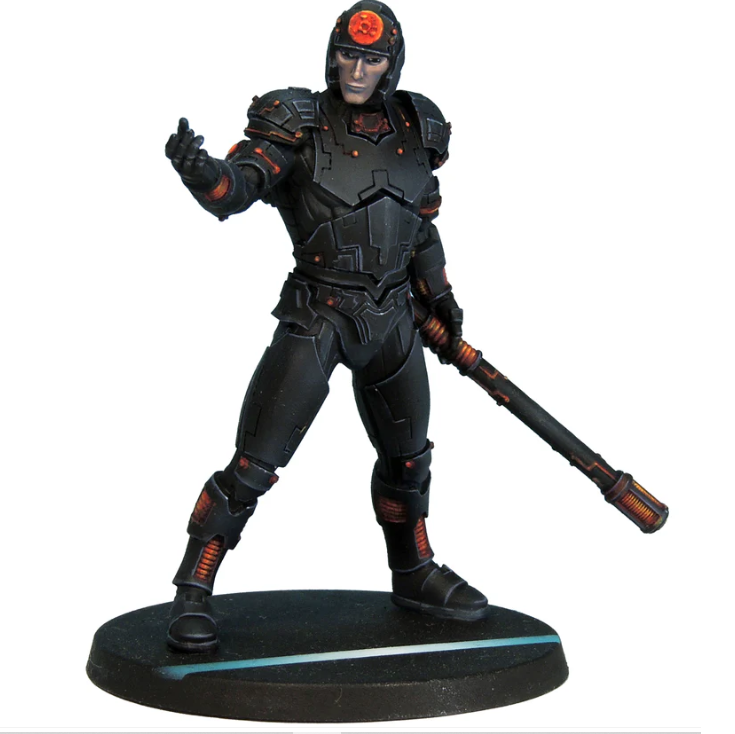 Master Node by Crooked Dice, a resin miniature for your tabletop games representing a man dressed in a sci fi looking suit, with one hand out stretched and the other holding a long pole with an electrical coil on the end