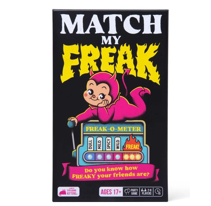 The front of the 'Match My Freak' party game box, featuring a black background with bold white and yellow text, a cartoon devil character, and a 'Freak-O-Meter' slot machine graphic. The box is photographed against a clean white background. Match My Freak Adult Party Card Game by Exploding Kittens