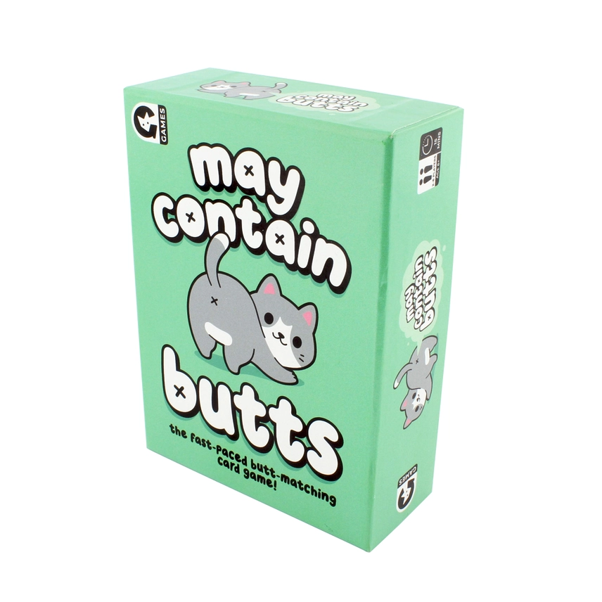 The game box for 'may contain butts' on a plain white background. The box is mint green with a cartoon gray and white cat and bold white text with black outlines. 