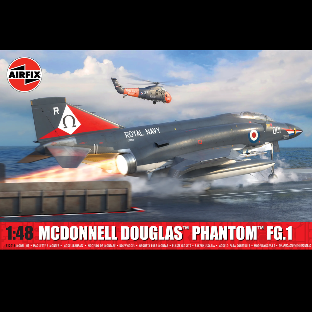 Airfix 1:48 scale model kit packaging artwork for the McDonnell Douglas Phantom FG.1 fighter jet, showing the assembled model jet launching from a runway with a helicopter overhead on a blue sky and sea background. McDonnell Douglas Phantom FG.1 - Airfix 1/48