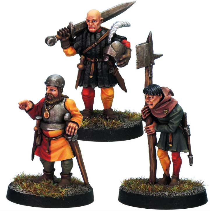 Men At Arms Command by Crooked Dice, a pack of three white metal 28mm scale miniatures for your tabletop games representing towns folk guard, one with a sword over his shoulder, one pointing and the other leaning on a pole arm