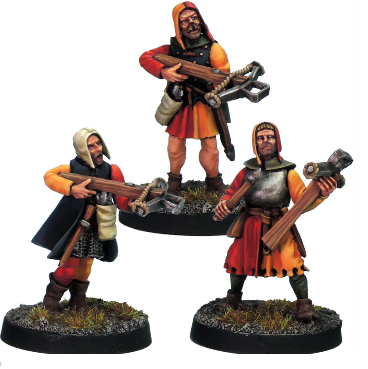 Men At Arms Crossbows by Crooked Dice, a pack of three white metal 28mm scale miniatures for your tabletop games representing towns folk guard with crossbow.Torso, head, interchangeable weapon arms enough to create three complete figures