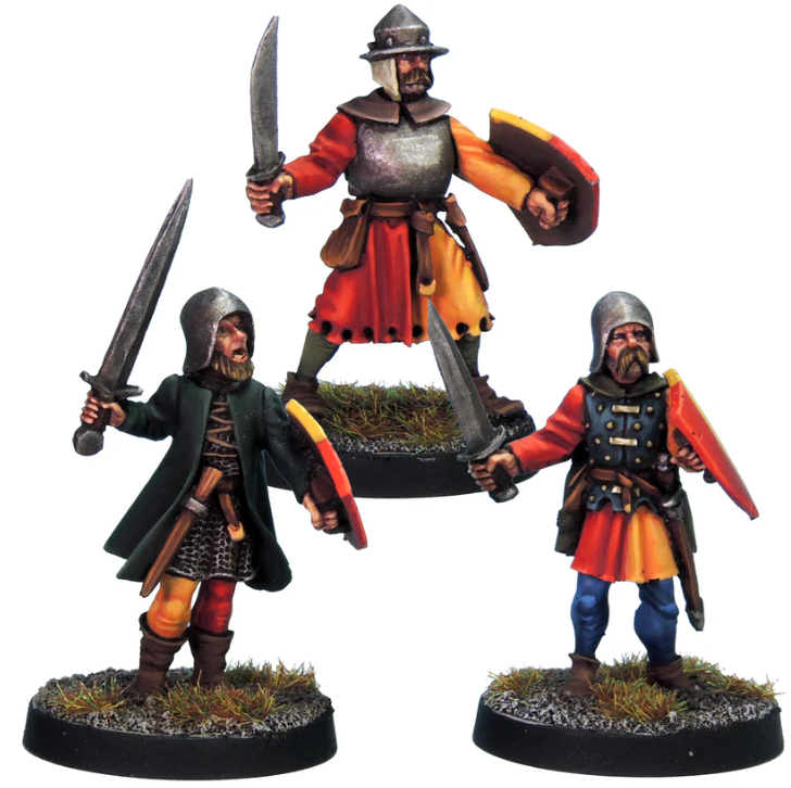 Men At Arms Swords by Crooked Dice, a pack of three white metal 28mm scale miniatures for your tabletop games representing fighters with sword and shield. Multipart figures with interchangeable weapon arms and heads enabling you to make three miniatures