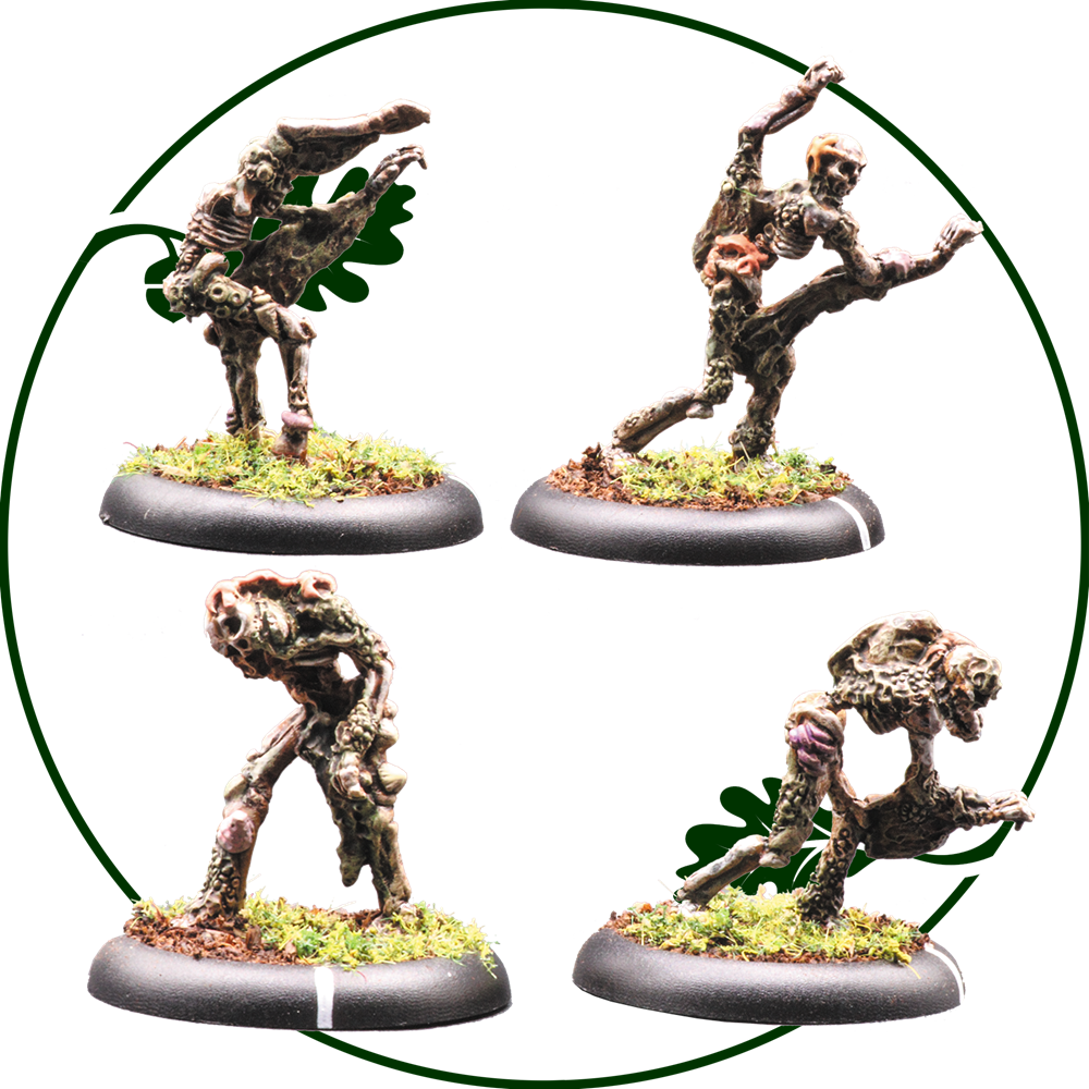 Four painted fantasy miniature figures of undead skeletal zombies, arranged in a 2x2 grid inside a thin green circular outline on a white background. Merfolk Shellycoats by Oakbound Studio