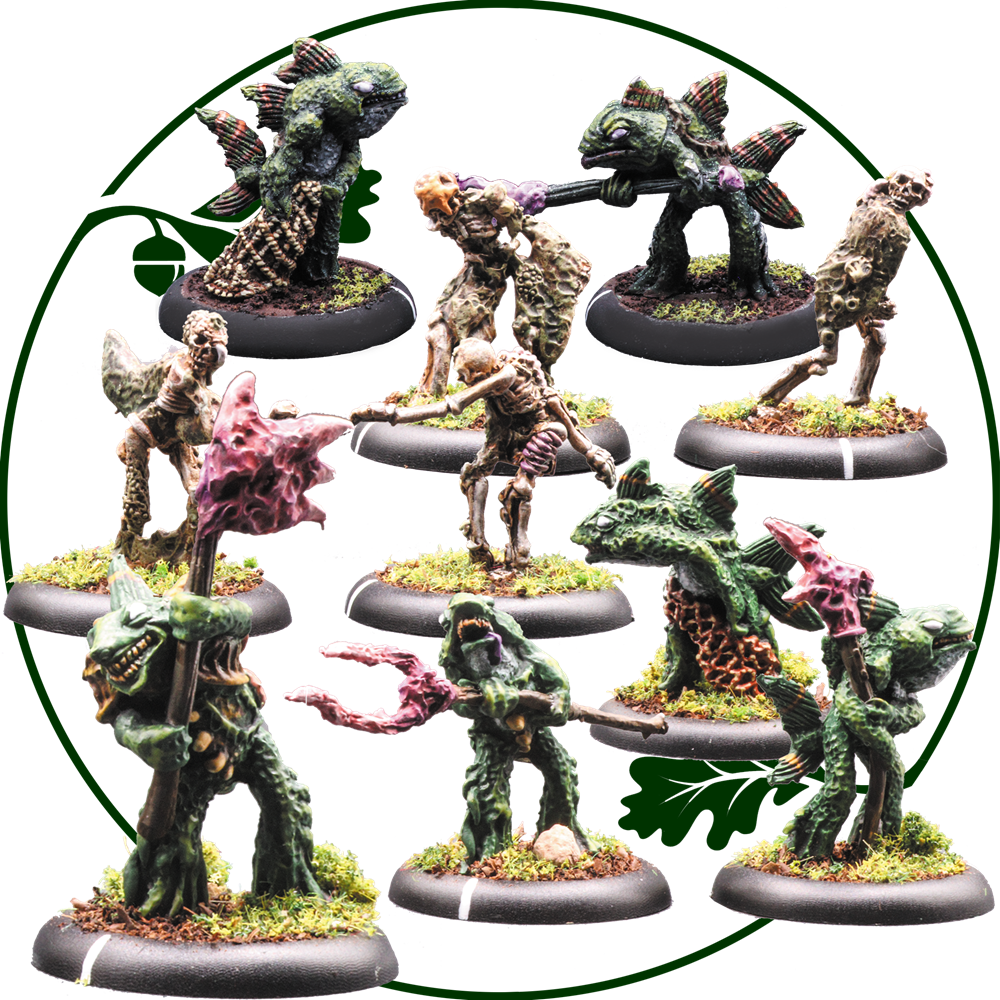 A set of nine painted fantasy monster miniatures on round bases, arranged inside a green circular frame graphic on a white background. Merfolk Warband Pack by Oakbound Studio