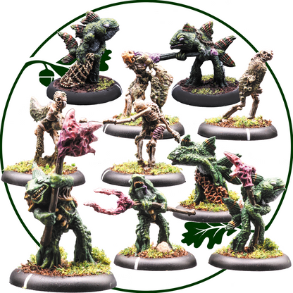 A set of nine painted fantasy monster miniatures on round bases, arranged inside a green circular frame graphic on a white background. Merfolk Warband Pack by Oakbound Studio