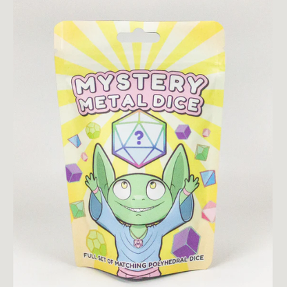Metal Mystery Dice Set. A surprise-filled blind bag containing a full set of metal polyhedral dice for RPGs. Perfect for dice goblins and tabletop adventurers.
