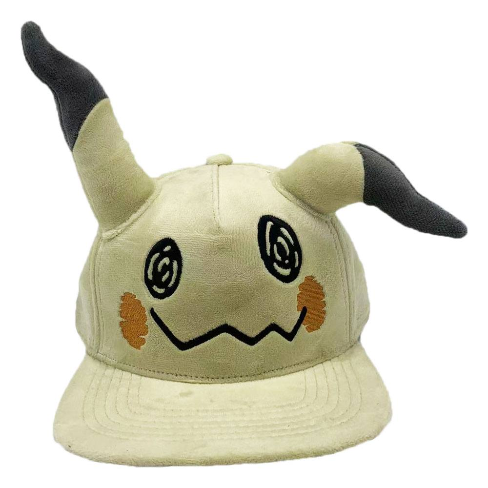 Mimikyu Pokémon Plush Snapback Cap. A dark snapback cap styled with Mimikyu's embroidered face and plush 3D ears, featuring a soft texture and adjustable back for comfort and fit.