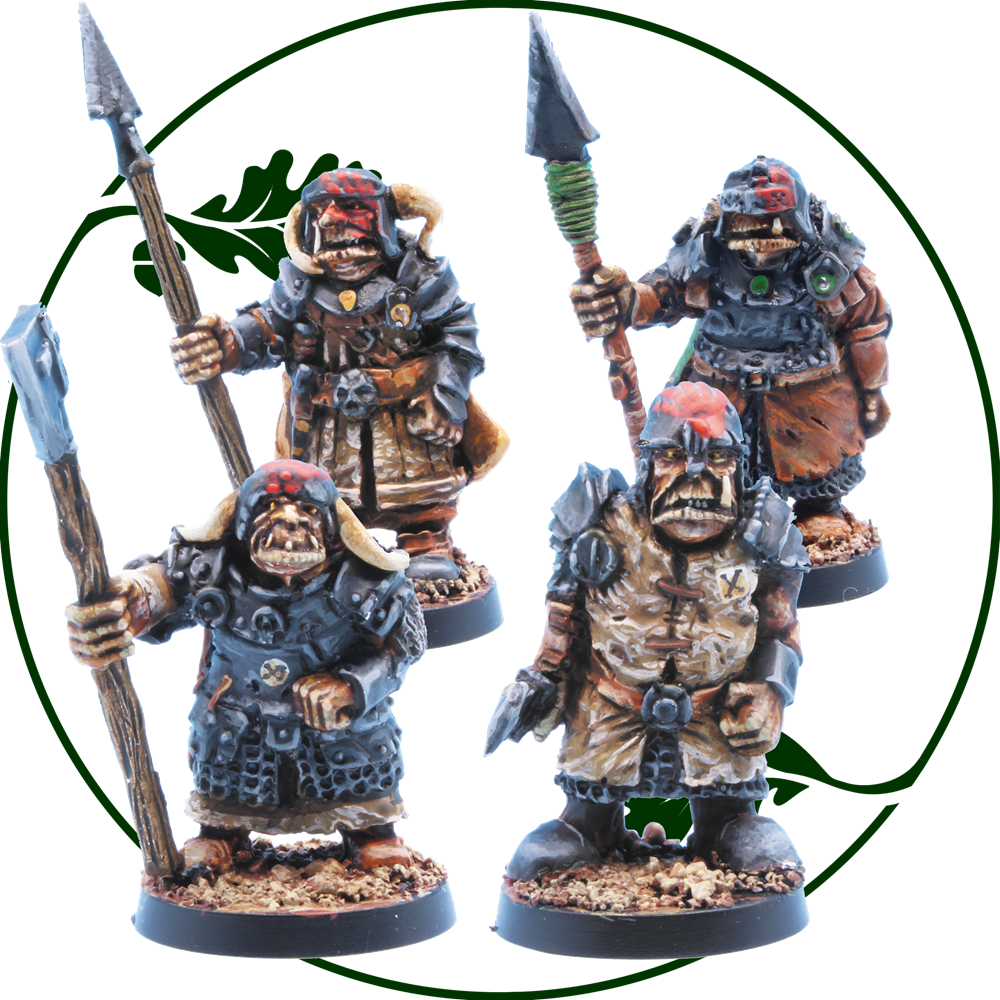 Four painted fantasy orcs miniatures with weapons, arranged inside a circular frame on a white background. Minefolk Stallu Redcaps 2 by Oakbound Studio