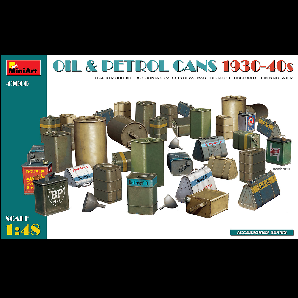 MiniArt Oil & Petrol Cans 1930–40s. Model kit packaging for oil and petrol cans from the 1930s to 1940s by MiniArt.