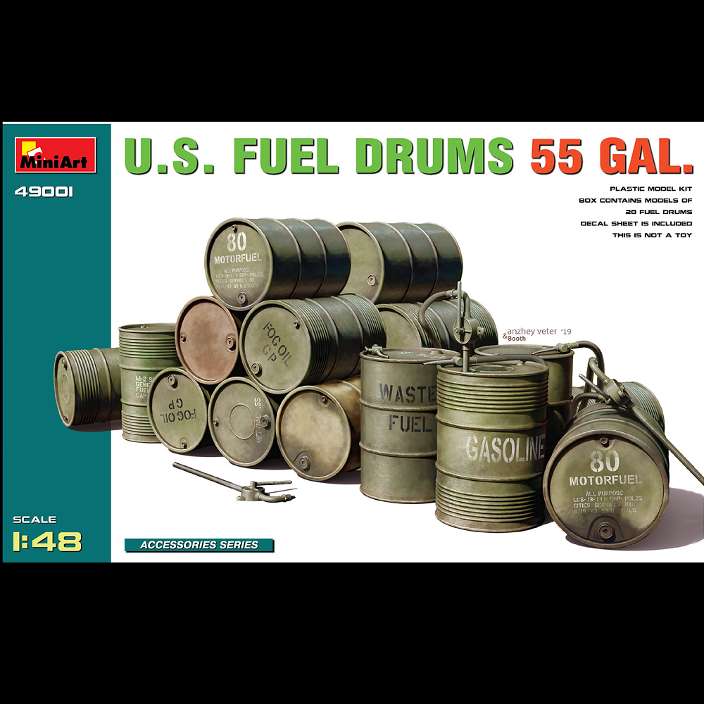 U.S. Fuel Drums 55 Gal.. Model kit packaging for U.S. fuel drums with various labels on a white background