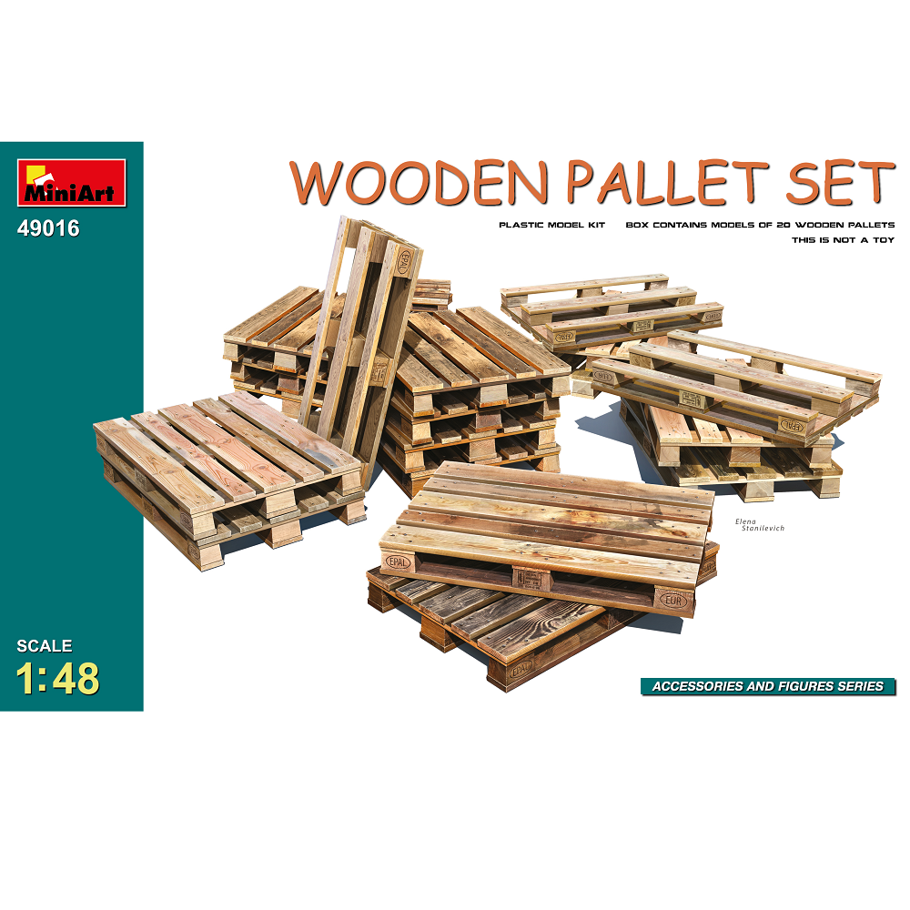 MiniArt 1:48 scale wooden pallet set plastic model kit with 20 pallets for dioramas and scenery.