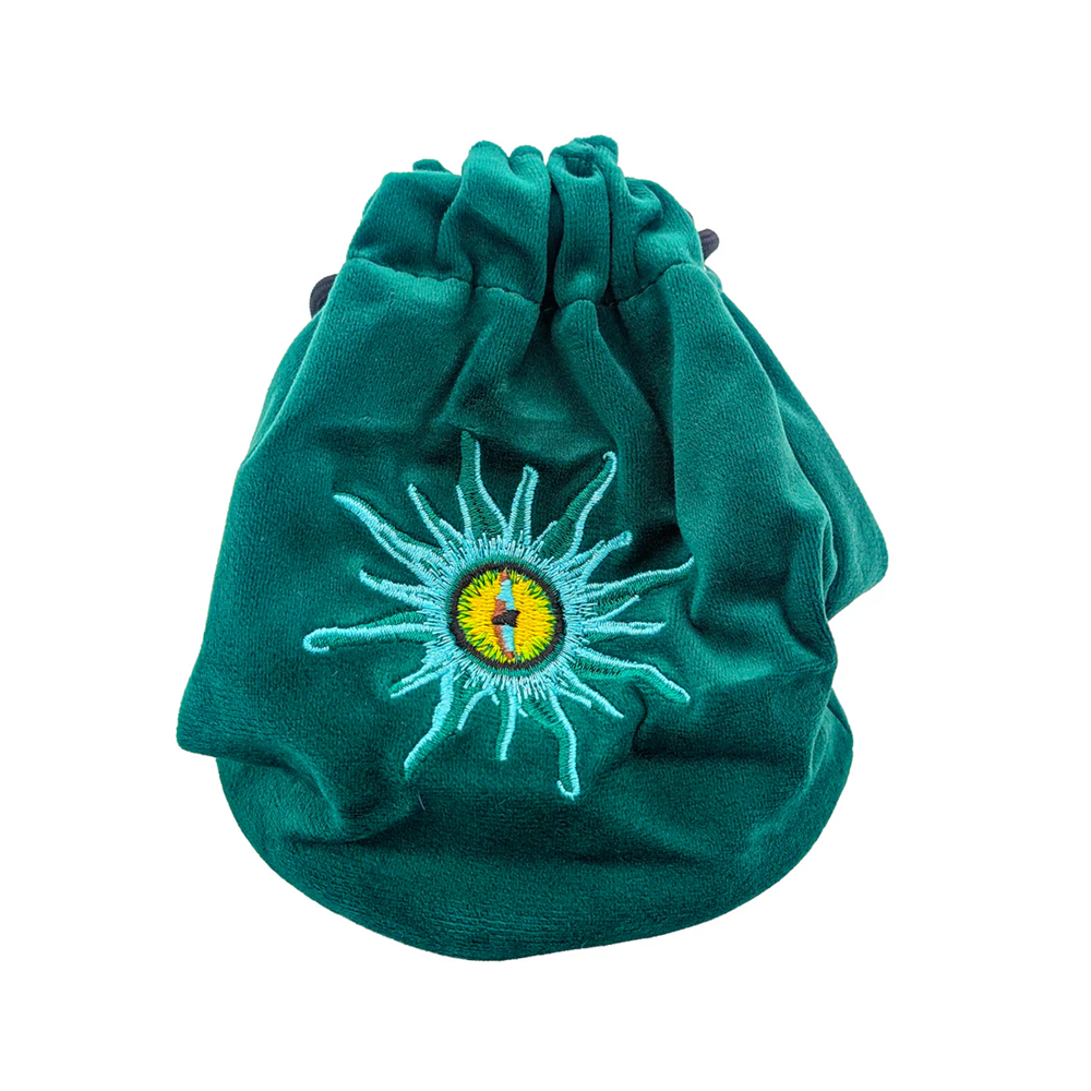 Green drawstring bag with a embroidered design on a white background