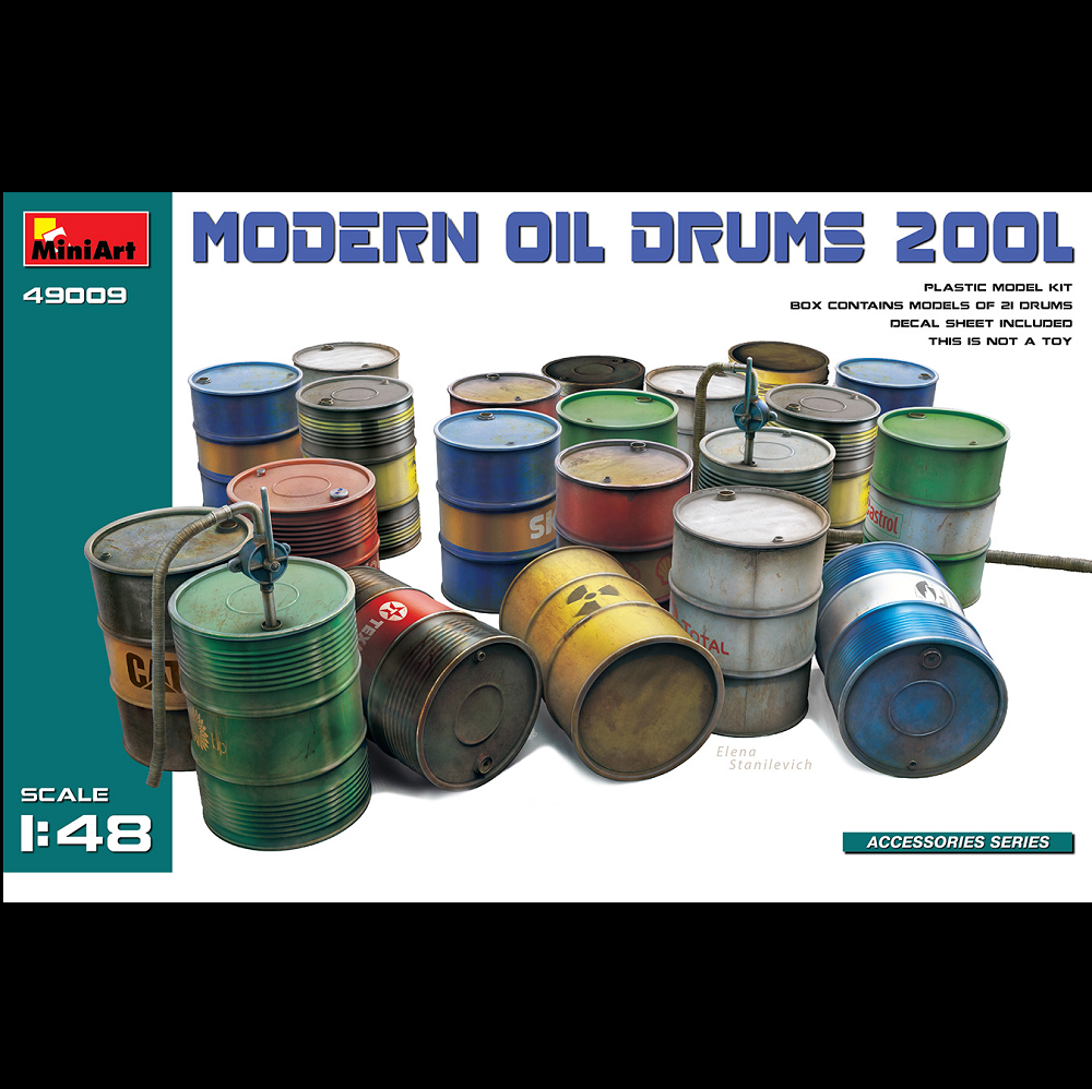 Miniart Modern Oil Drums 200L. Model kit packaging for 'Modern Oil Drums 200L' by MiniArt with various coloured oil drums.