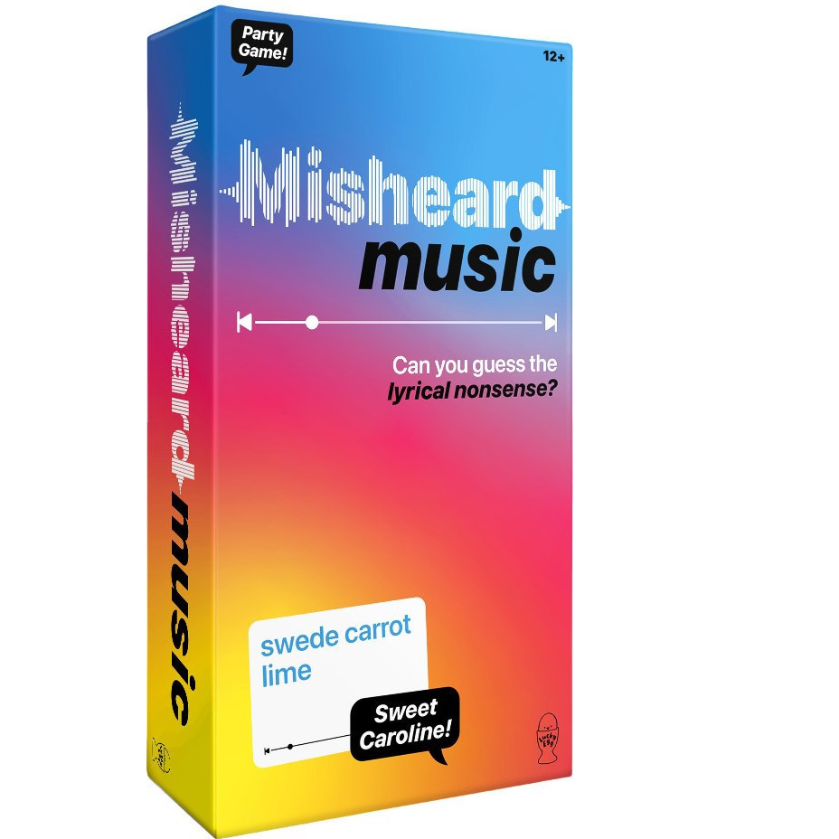 Misheard Music party game with 500 misheard lyric cards, timer and jukebox card holder.