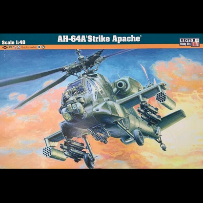 AH-64A Strike Apache 1:48 scale Mistercraft model kit with detailed parts and decals.