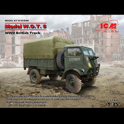 ICM Model W.O.T. 8 WWII British Truck (35590). A 1:35 scale plastic model kit capturing the rugged military vehicle used from 1942-1945. Requires assembly and painting.

