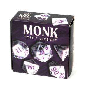 Monk 7 polyhedral dice set. White with grey marbling dice with purple numbers in a cardboard box