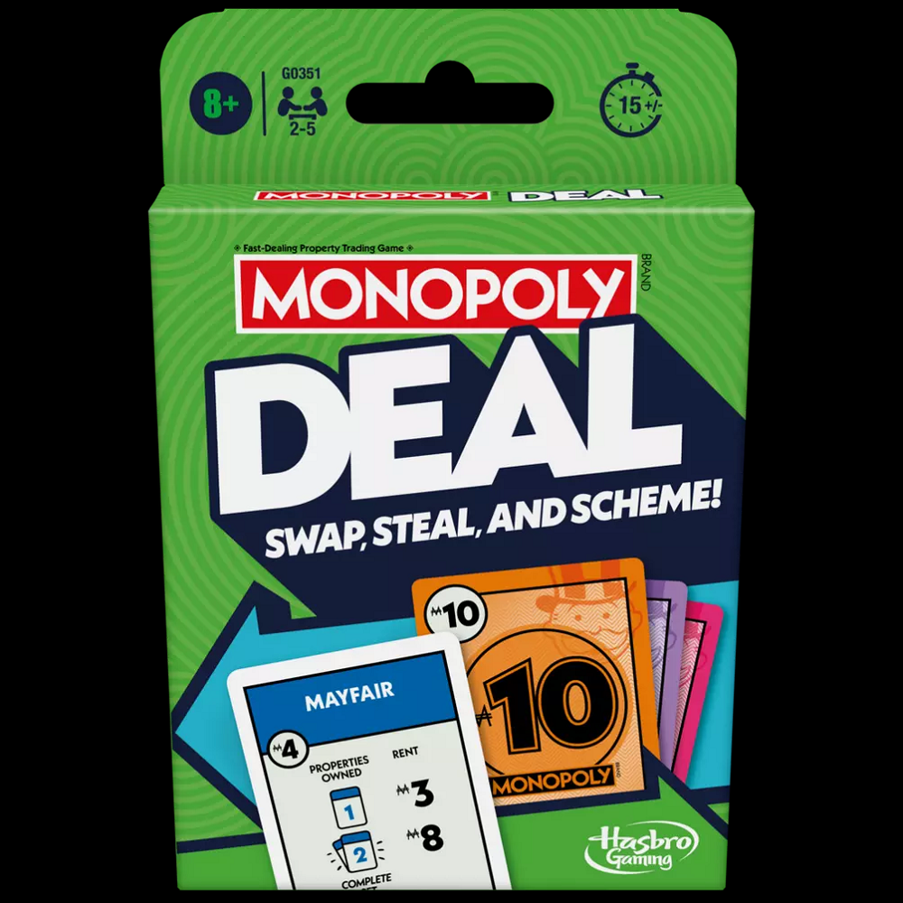 Monopoly Deal Card Game for ages 8+, featuring 110 cards and a game guide, designed for 2-5 players to enjoy fast-paced property trading fun.