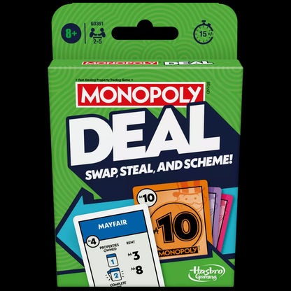 Monopoly Deal Card Game for ages 8+, featuring 110 cards and a game guide, designed for 2-5 players to enjoy fast-paced property trading fun.