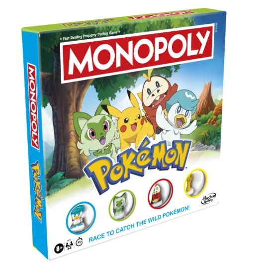 Monopoly  Pokémon board game box featuring Pikachu, Bulbasaur, Squirtle, and Charmander on the front cover, with the Monopoly logo at the top and Hasbro branding at the bottom right. Monopoly Pokémon Edition family board game for 2 to 4 players