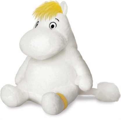 A white plush toy with bright yellow hair and a yellow band on one leg, shown against a plain white background. Moomin Snorkmaiden Plush