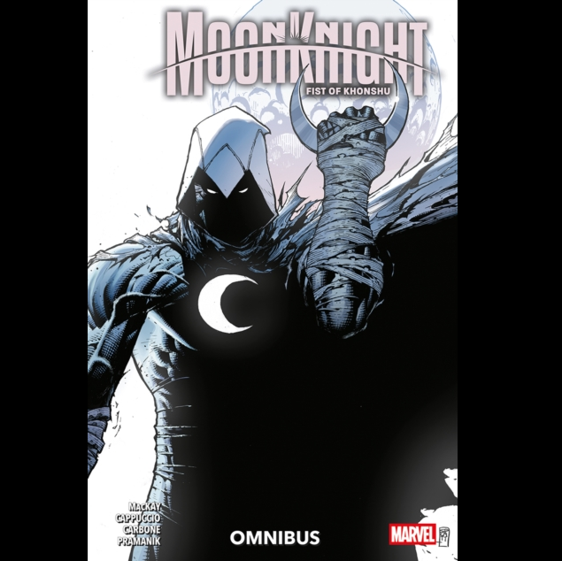Comic book cover featuring a character with a crescent moon symbol, titled 'Moon Knight'. Moon Knight: Fist of Khonshu Omnibus Vol. 1 Paperback Graphic Novel