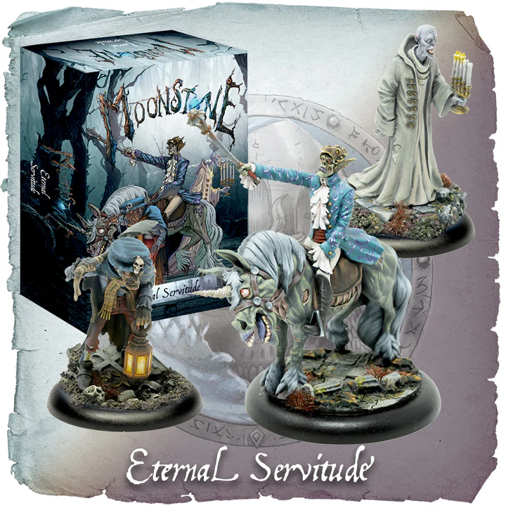 Eternal Servitude Moonstone resin miniatures including graverobber with lantern, undead rider on unicorn and servant with candelabra, supplied unpainted