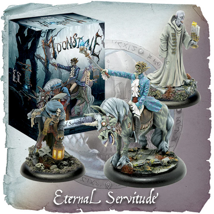 Eternal Servitude Moonstone resin miniatures including graverobber with lantern, undead rider on unicorn and servant with candelabra, supplied unpainted