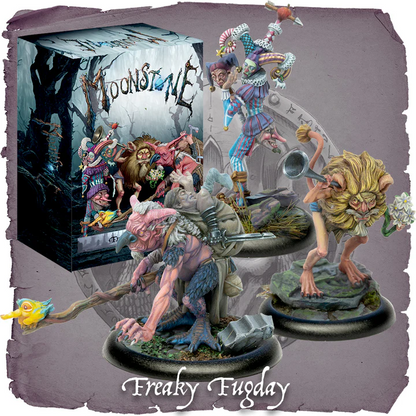 Freaky Fugday Moonstone Spirit resin miniatures featuring jester creature, lion-faced figure with horn and strange bird-staff character, unpainted