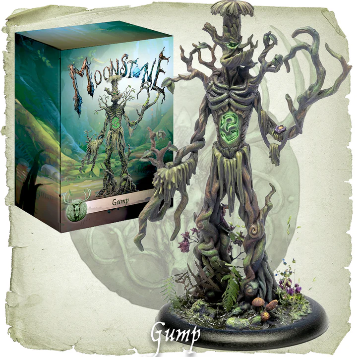Gump Moonstone Treefolk resin miniature depicting a walking tree monster with a carved face, unpainted