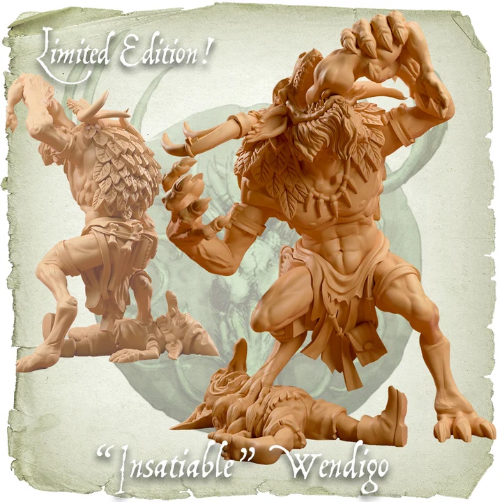 A 3D-rendered promotional image showing a tan fantasy creature miniature labelled "Insatiable Wendigo" with additional smaller views and the text "Limited Edition!" on a distressed parchment-style background. Moonstone Insatiable Wendigo 10th Anniversary Limited Edition resin miniature