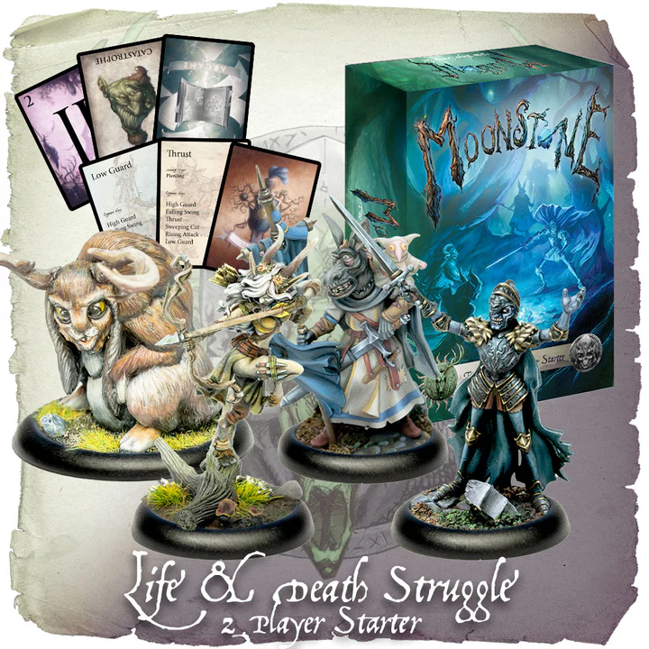 Moonstone Life & Death Struggle Two Player Starter Set with Shades of Moonreach and Faun resin miniatures, cards and dice