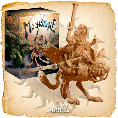 Moonstone Matilda mounted resin miniature on desert rat creature, 32mm, unpainted, with stat card and base