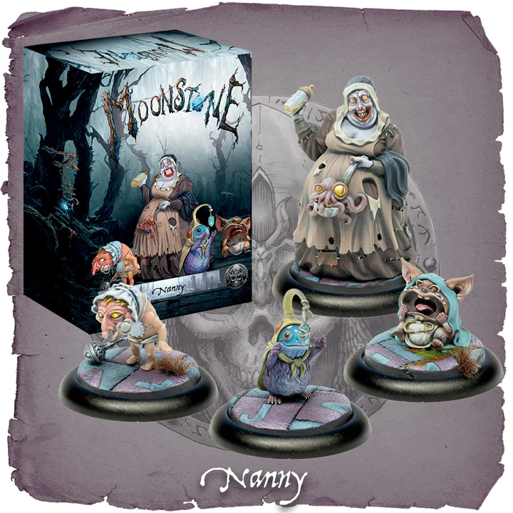 Moonstone Nanny Summoner resin miniature and 3 Psychopomp figures, 32mm, with Stat Cards and bases