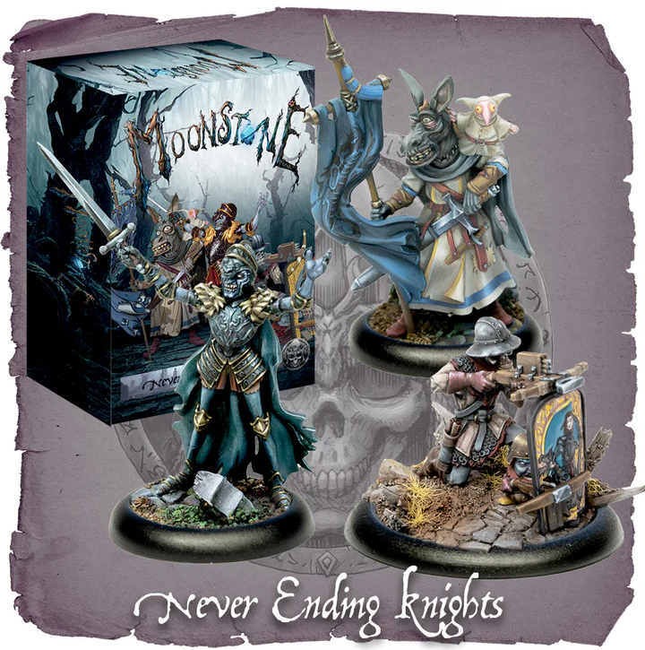 Moonstone Never Ending Knights 32mm resin miniatures Greymair, Negroli, and Serif with Stat Cards