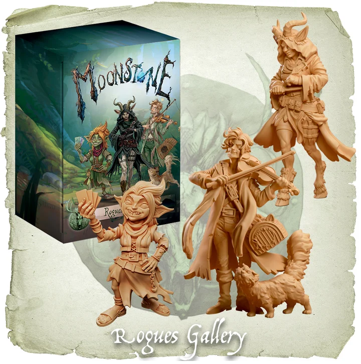 A set of unpainted fantasy tabletop miniatures and their display box from Moonstone: Rogues Gallery, shown on a textured parchment-style background. Moonstone Rogues Gallery Troupe Box four Leshvult Rogue resin miniatures