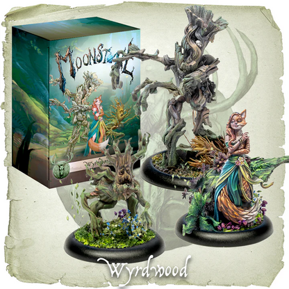 Moonstone Wyrdwood miniatures box set featuring Ruwt tree creature, Dranyer half-fox figure, and Snag large wooden figure, 32mm resin.