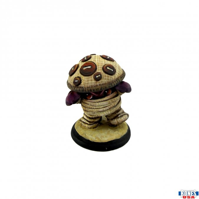 A small fantasy figurine of a mummy-like creature with a mushroom cap on its head, wrapped in bandages, standing on a round black base against a white background.