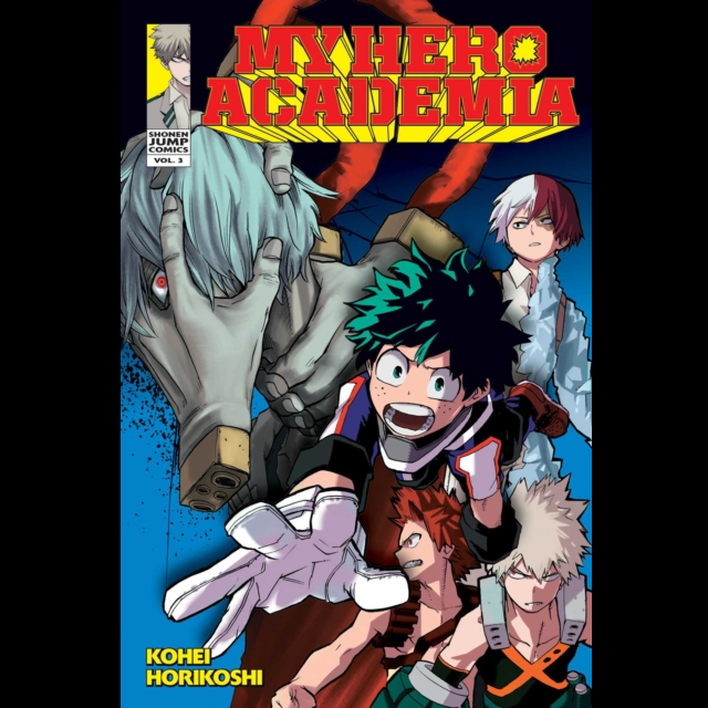 My Hero Academia vol. 3 manga paperback – teen-rated shonen jump graphic novel with hero battles, villains, quirks, and U.A. High School action.