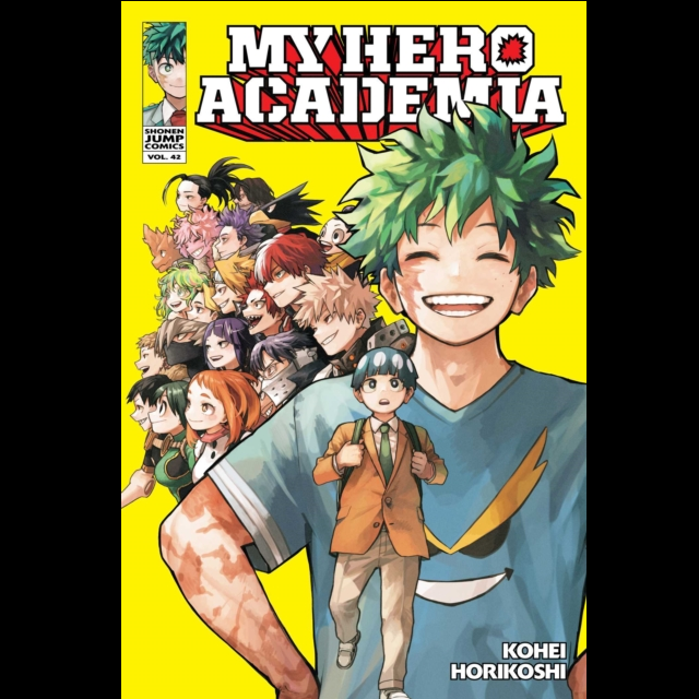 My Hero Academia, Vol. 42. Cover of 'My Hero Academia' with a character in the foreground and others in the background on a yellow background.