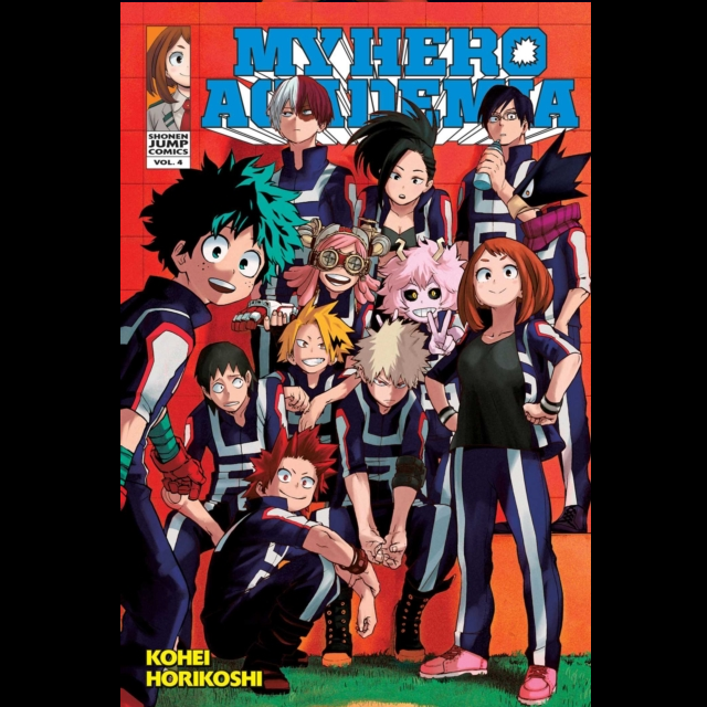 My Hero Academia Vol4 by Kohei Horikoshi. Cover shows Midoriya mid-action with intense expression, set against a bold festival backdrop, capturing movement, tension and competitive energy.